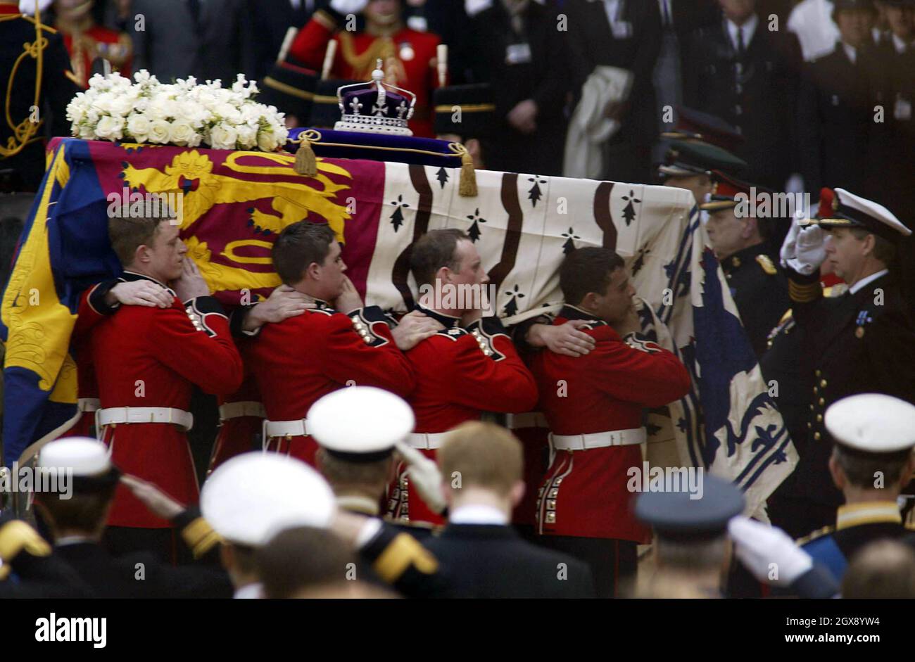 The Royal Family attending the funeral procession for the Queen Mother in Westminster, London.         Stock Photo