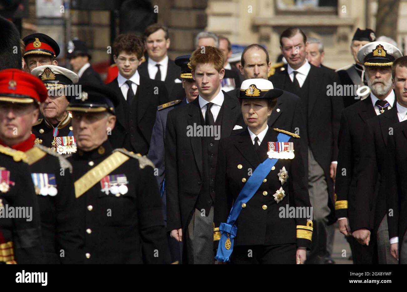 The Royal Family, Prince Harry and Princess Anne attending the funeral procession for the Queen Mother in Westminster, London.         Stock Photo