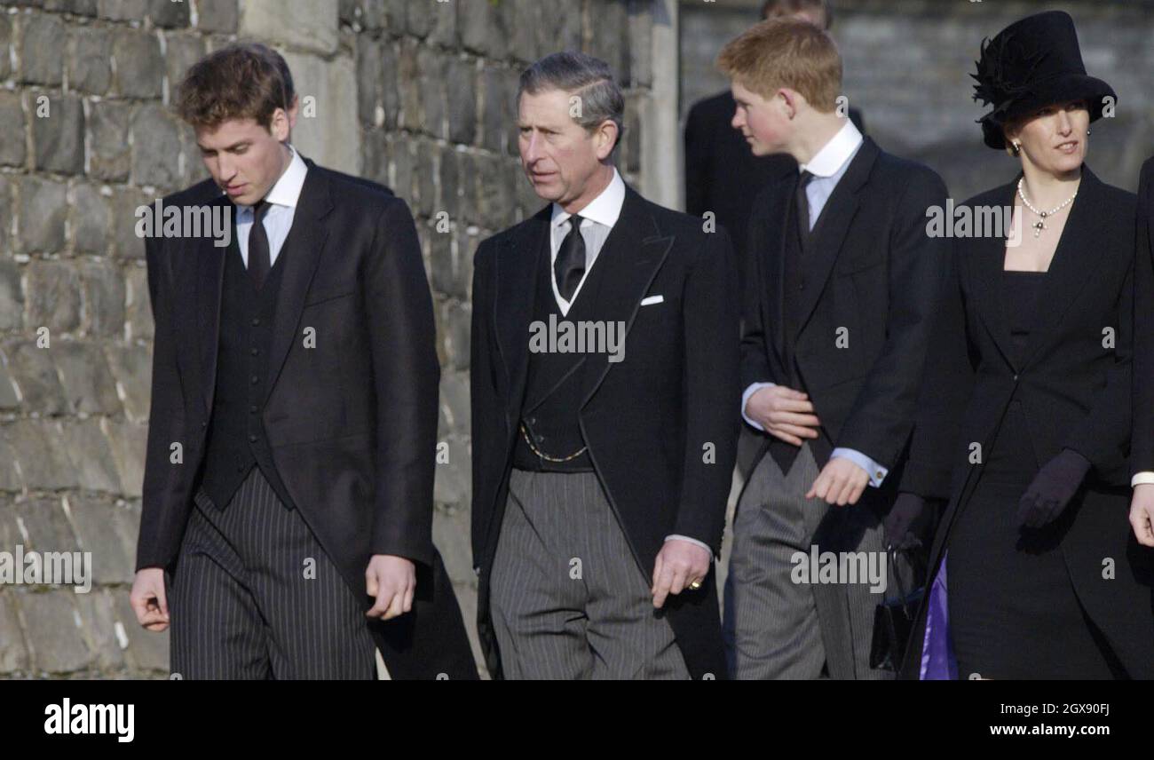 Members of the Royal family - from left - Prince William, the Duke of York, the Prince of Wales, Prince Harry and Sophie, Countess of Wessex arrive at Windsor Castle for the funeral of Princess Margaret Friday February 15, 2002, following her death, aged 71, last week. Some 400 friends and staff were expected at the service. Princess Margaret, the younger sister of Britain's Queen Elizabeth II. See PA story ROYAL Funeral. PA Photo: Fiona Hanson Rota.   * Note to editors (not for publication): Photographers have been asked to not to take close-up pictures of Princess Margaret's children and you Stock Photo