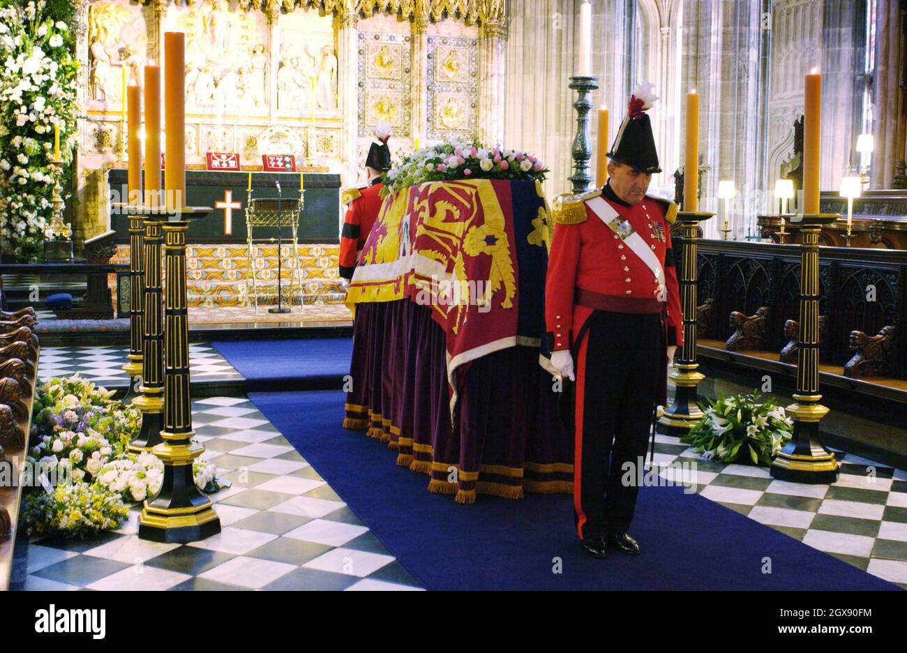 Two military knights guard the coffin of Princess Margaret before her funeral in St George's Chapel, in Windsor Castle, Princess Margaret, the younger sister of Britain's Queen Elizabeth II, died Saturday aged 71.  Stock Photo