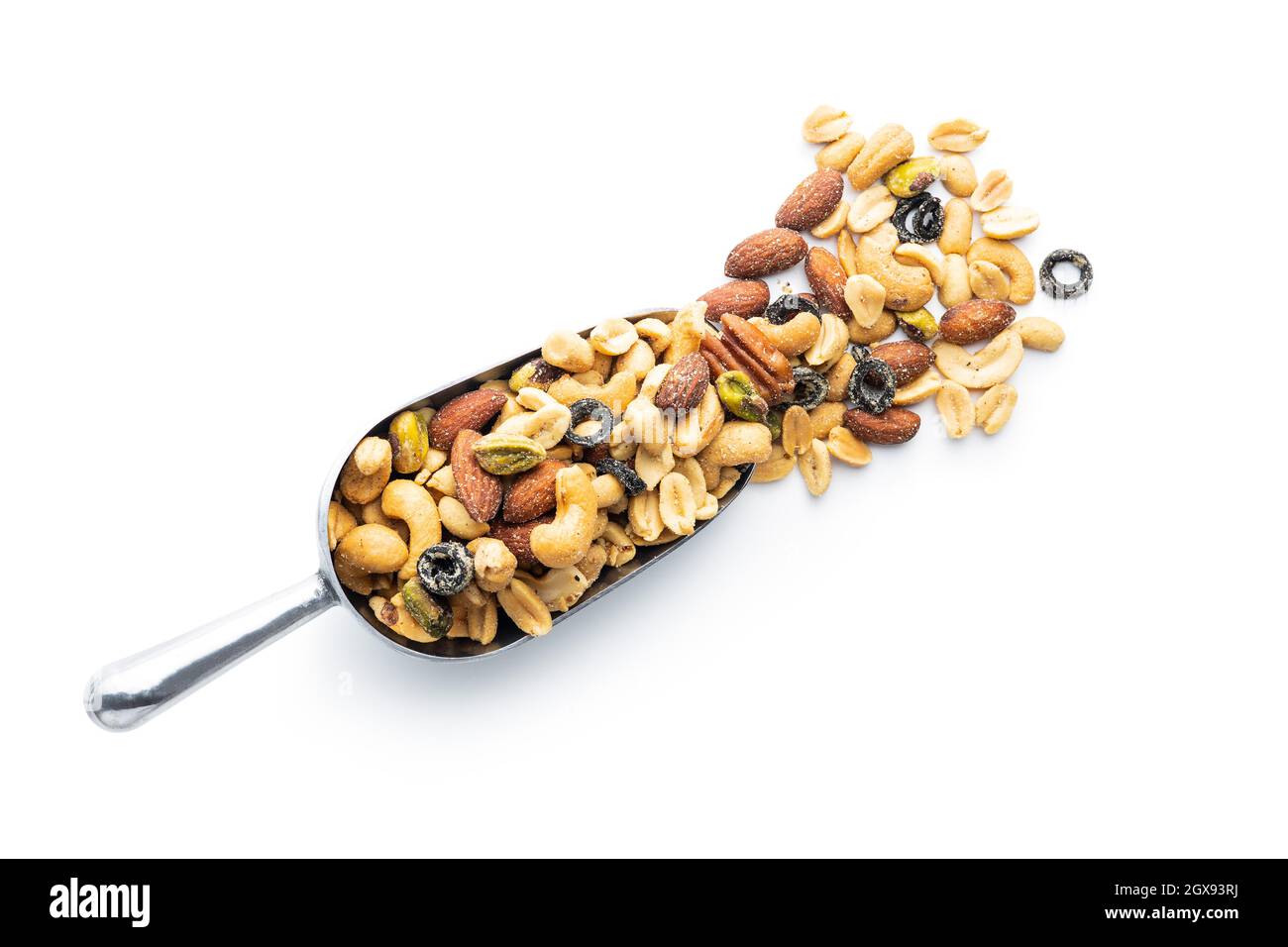 Mix of salted nuts in sccop isolated on white background. Stock Photo