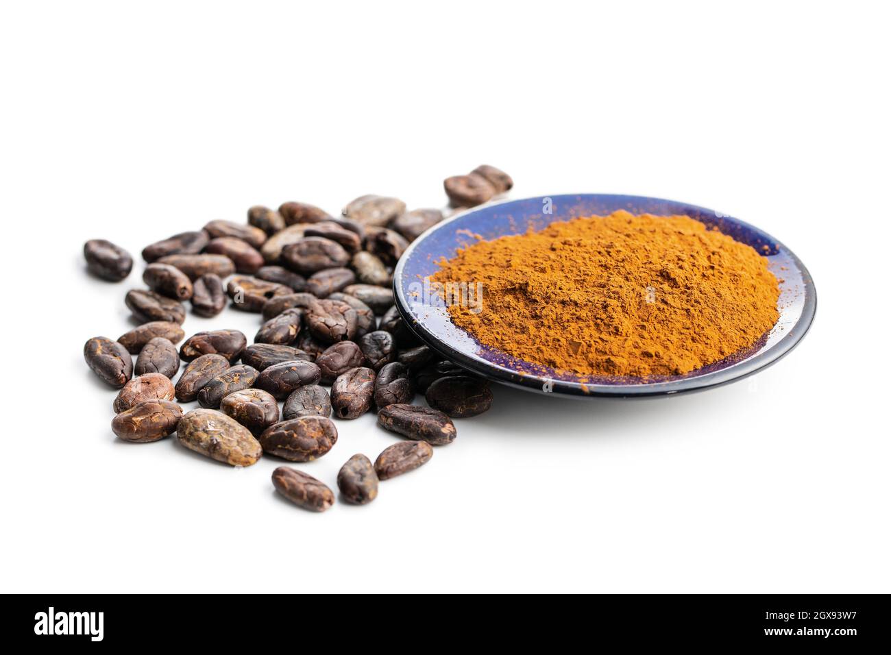 Roasted cocoa beans and cocoa powder isolated on white background Stock