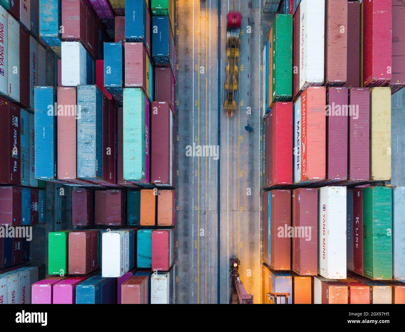 A drone view of the Kwai Chung container port in Hong Kong. Stock Photo