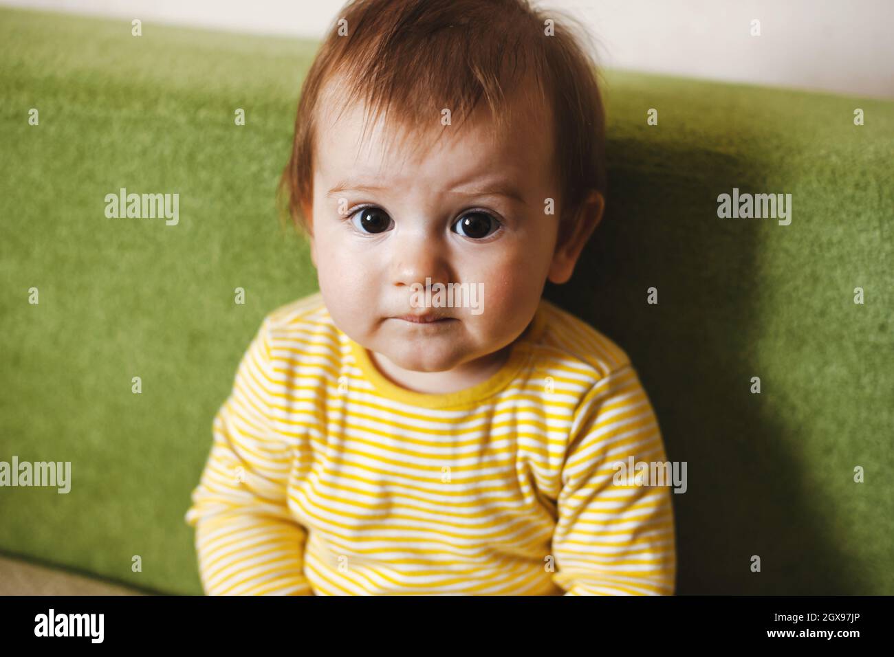 Small baby on couch looking at camera for lifestyle design. Baby siting