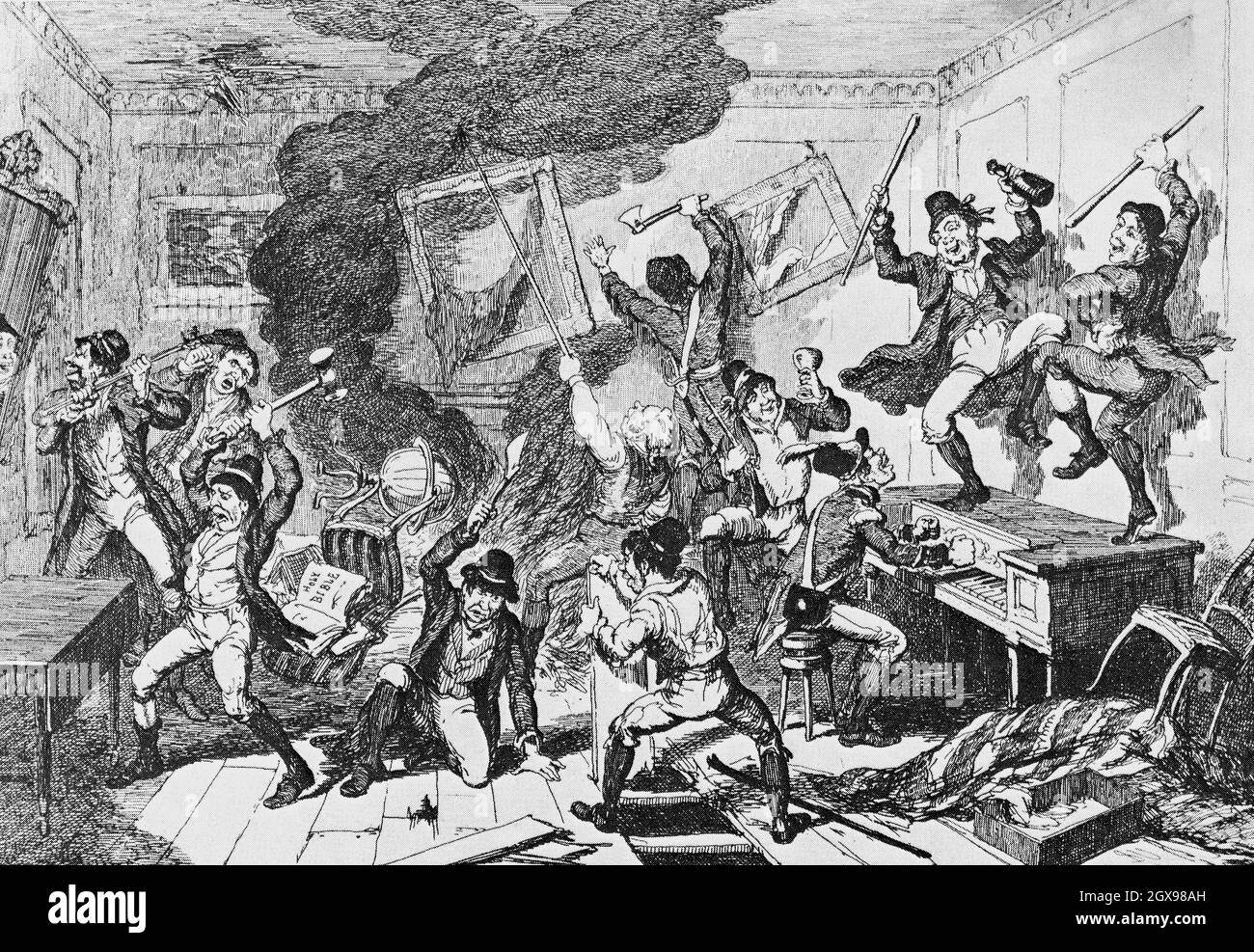 Rebels destroying a house during the Irish Rebellion of 1798, a major uprising against British rule in Ireland. The main organising force was the Society of United Irishmen, a republican revolutionary group influenced by the ideas of the American and French revolutions. The cartoon by George Cruikshank (1792-1878), a British caricaturist who's hostility to enemies of Britain and a crude racism is evident in his illustrations commissioned to accompany William Maxwell's History of the Irish Rebellion in 1798. Stock Photo