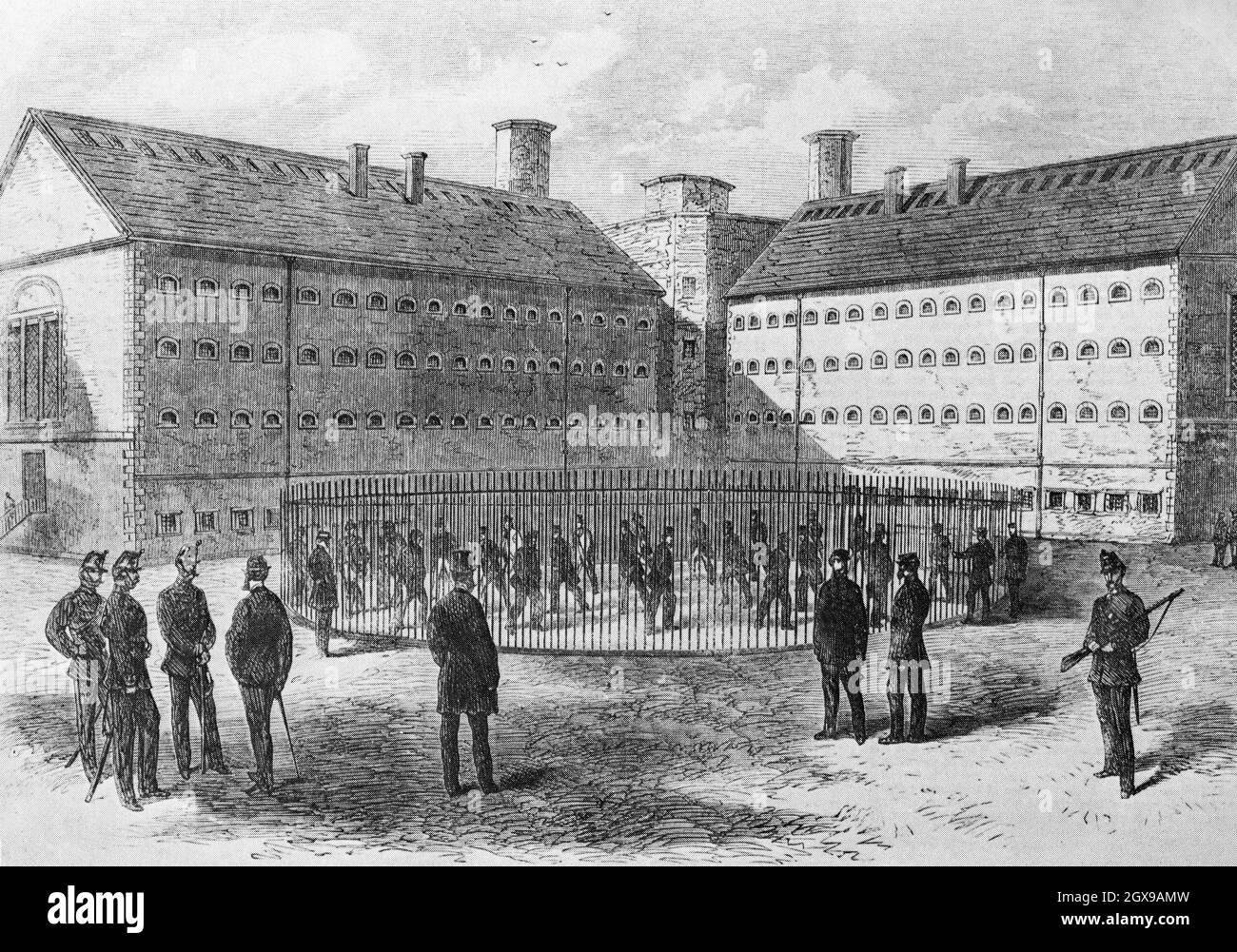 Irish Republican or Fenian prisoners exercising in Mountjoy Prison in the latter half of the 1800s. Stock Photo