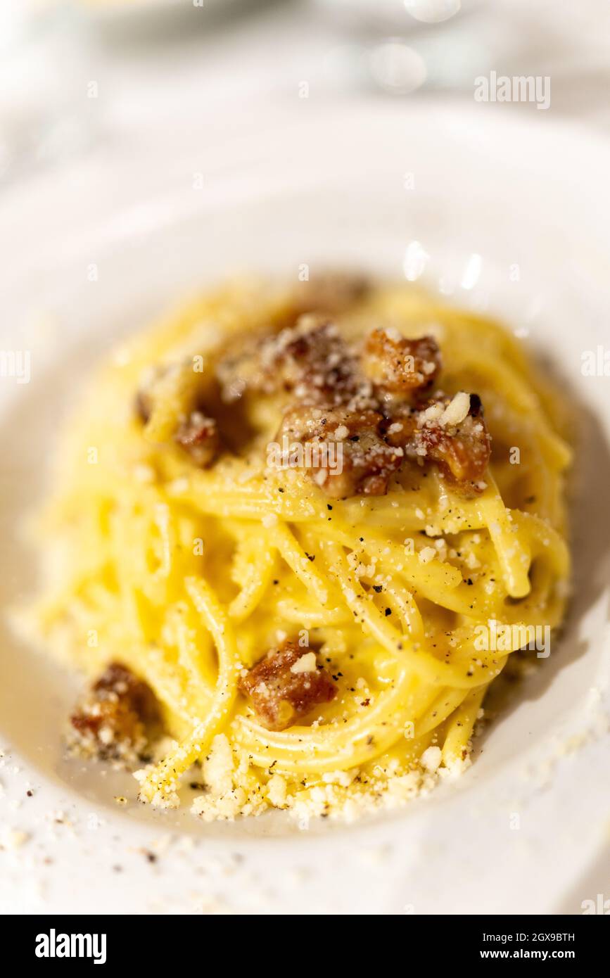 Spaghetti alla Carbonara, original pasta receipt in Rome, Italy Stock