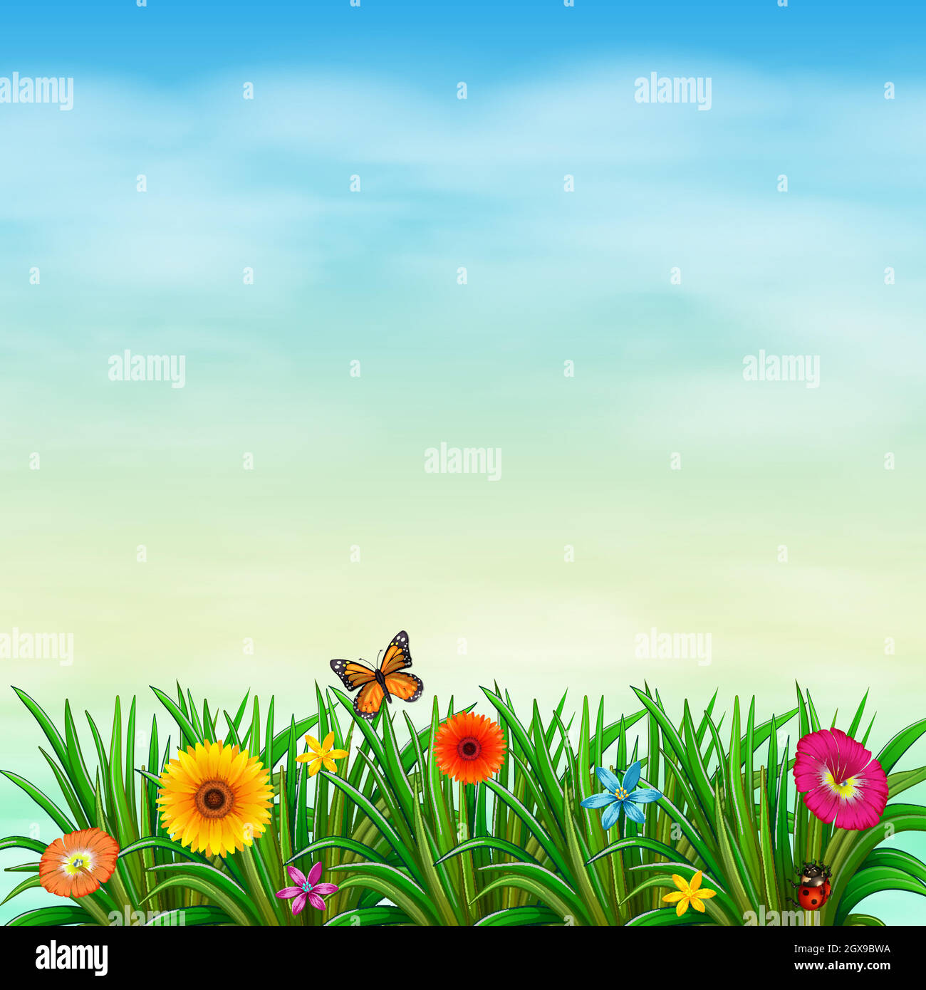 A flower garden with a butterfly and a ladybug Stock Vector Image & Art ...