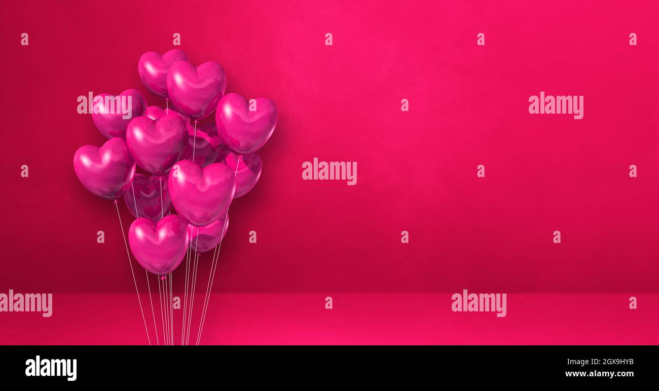Heart shape balloons bunch on a pink wall background. Horizontal banner ...