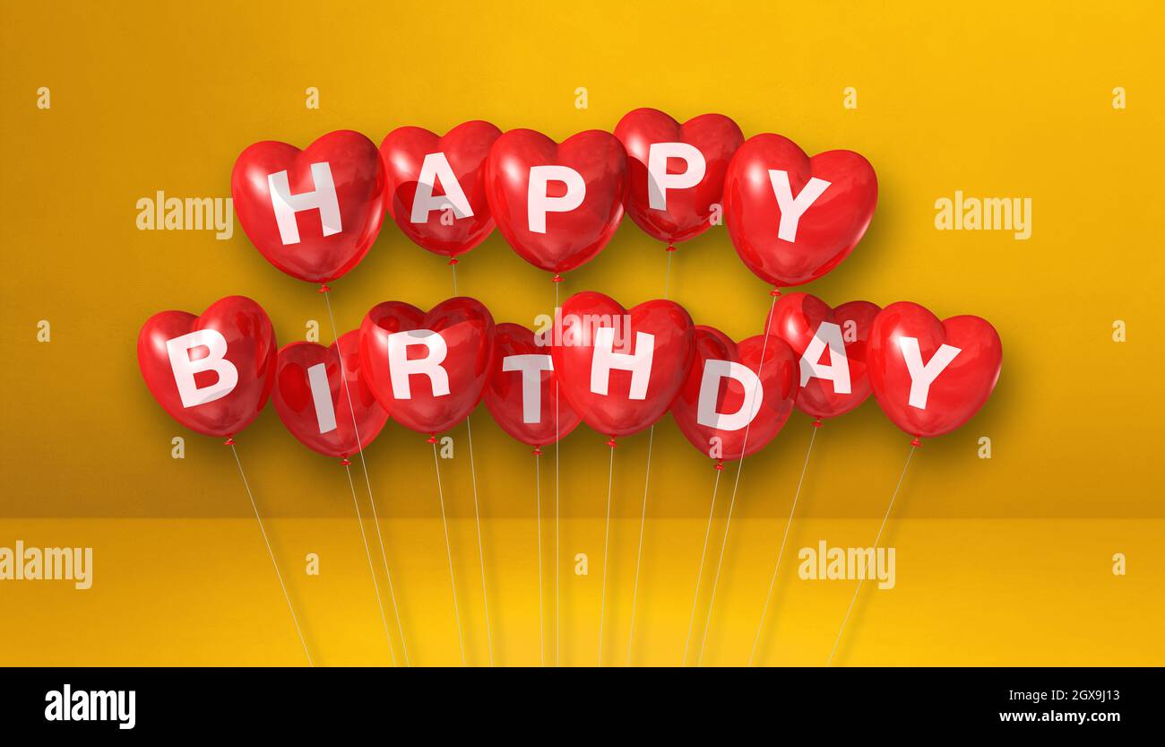 Red happy birthday heart shape air balloons on a yellow background ...