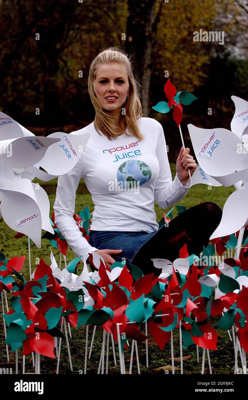 TV presenter Donna Air was windswept amongst a sea of windmills to lend her support to the official switch on of the UK's first large-scale offshore wind farm at the Bandstand, Regent's Park, London. Stock Photo