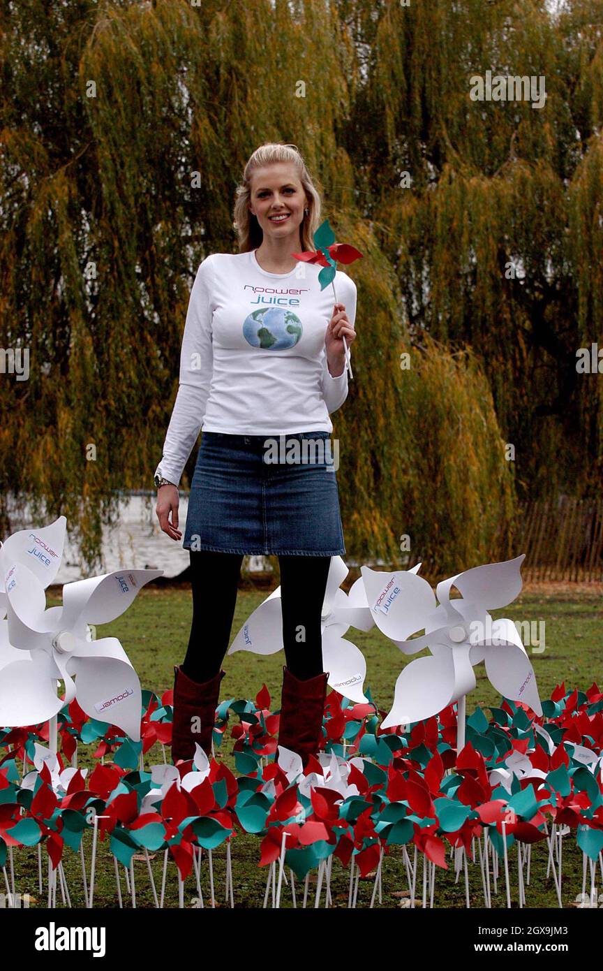 TV presenter Donna Air was windswept amongst a sea of windmills to lend her support to the official switch on of the UK's first large-scale offshore wind farm at the Bandstand, Regent's Park, London. Stock Photo