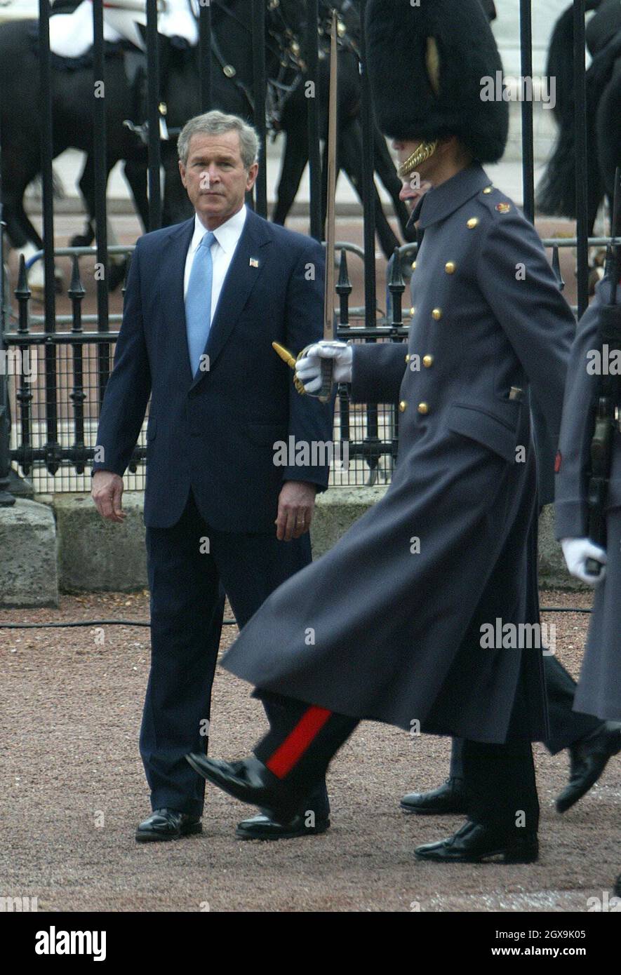 George Bush is welcomed by The Queen and The Duke of Edinburgh to Buckingham Palace at the start of his state visit to Britain. Â©Anwar Hussein/allactiondigital.com    Stock Photo