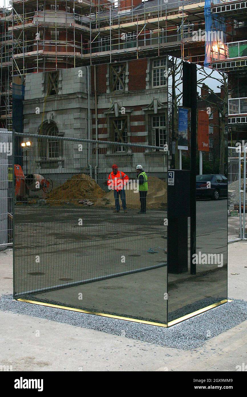 In London Millbank near The Tate gallery, you can now go to the loo while keeping a eye on passers, by outside, all time remaining in your own privacy.  Unveilled yesterday, this minimalsit cube is described as a work of art. The working sculpture, entitled Don't Miss A Sec, was designed by Monica Bonvicini.      Stock Photo