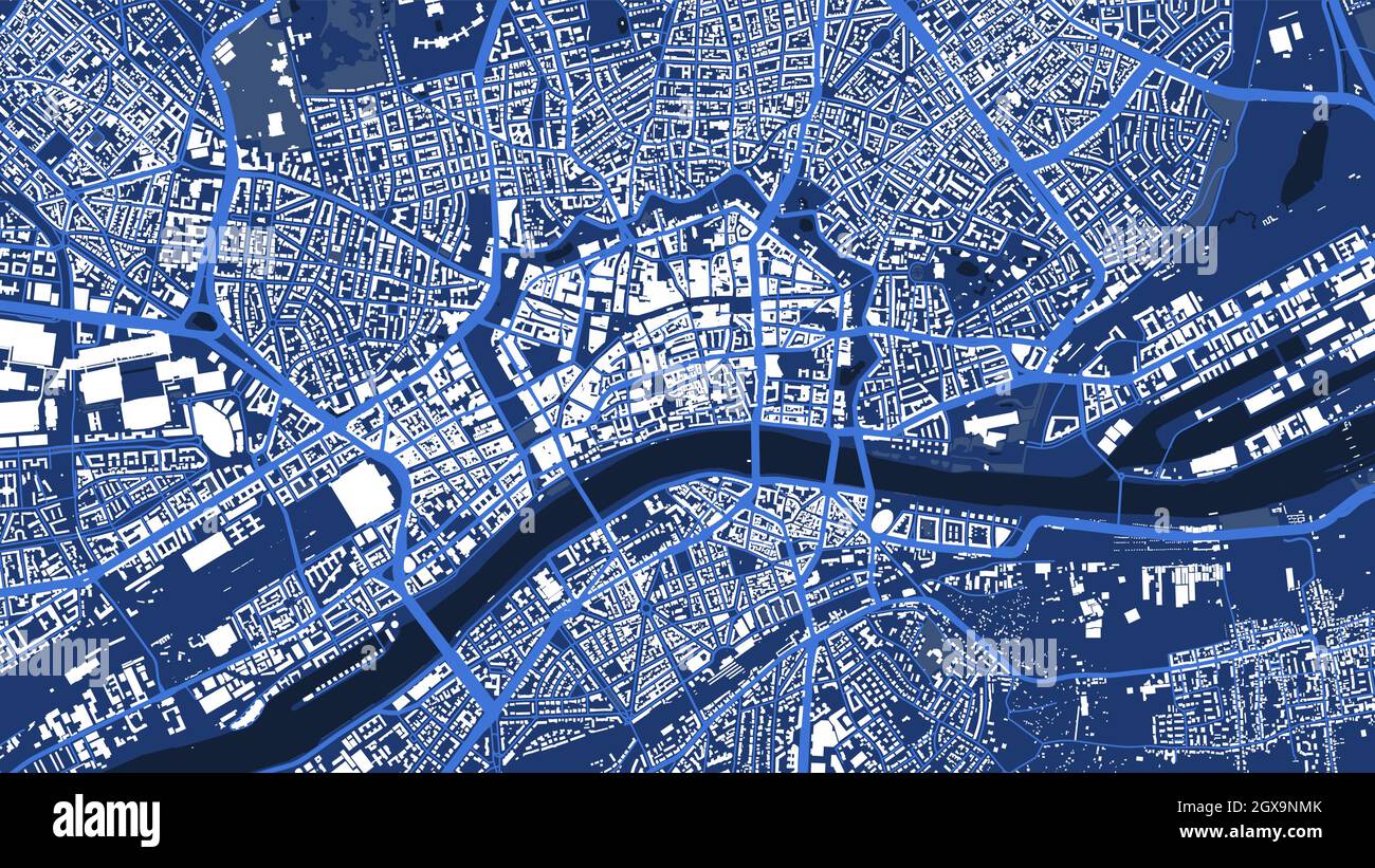 Detailed blue map poster of Frankfurt am Main city administrative area. Skyline panorama. Decorative graphic tourist map of Frankfurt territory. Royal Stock Vector