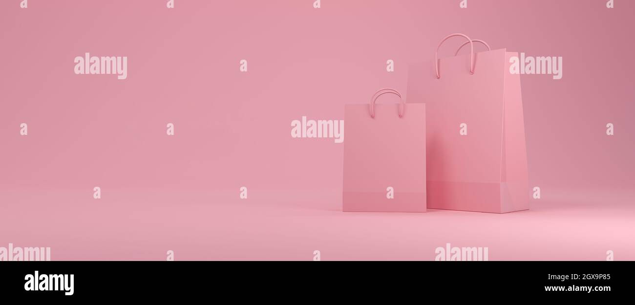 Shopping bags in pink background with button of shopping. 3d rendering ...
