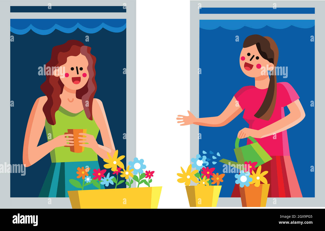 Neighbor Women Discussing Through Window Vector Illustration Stock Vector