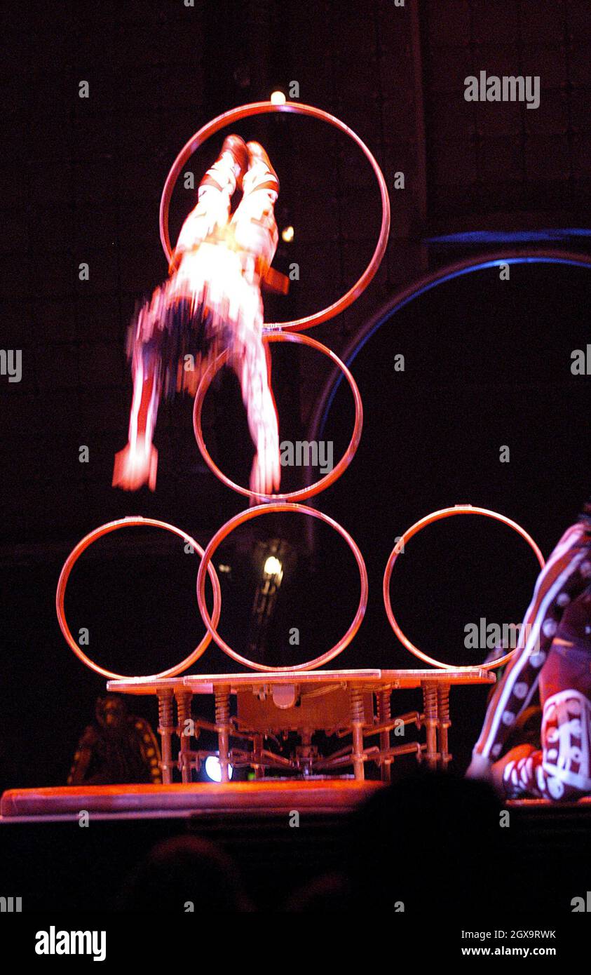 The dress rehersal of the Cirque Du Soleil at the Royal Albert Hall. This European premiere is the new show by avant-garde French-Canadian circus troupe, which expresses the four elements of existence - Earth, Fire, Air and Water. Stock Photo