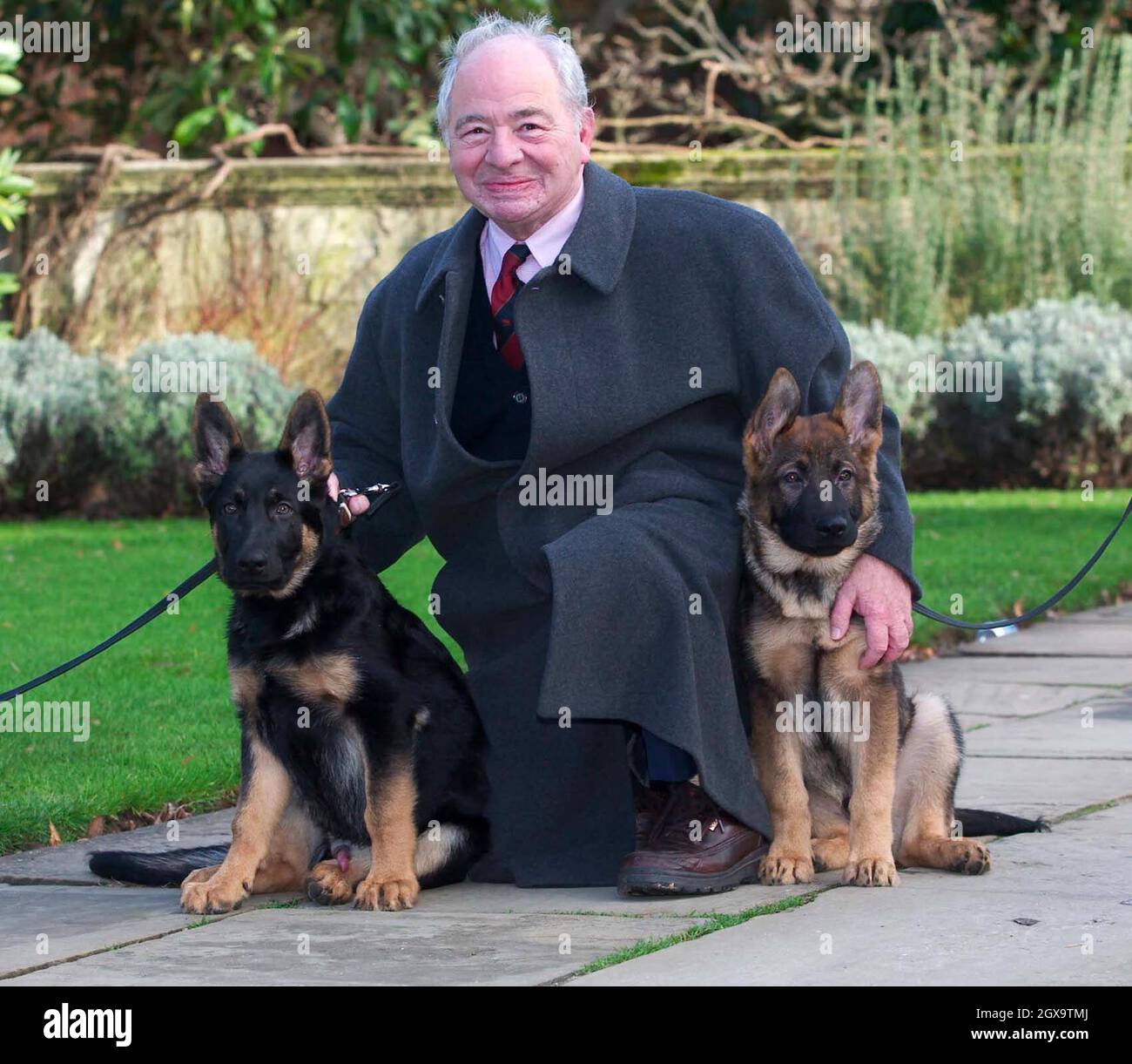 Colin Dexter, the creator of Inspector Morse, pictured with two Oxford Police dogs named after the series' two main characters, Morse and Lewis. Stock Photo