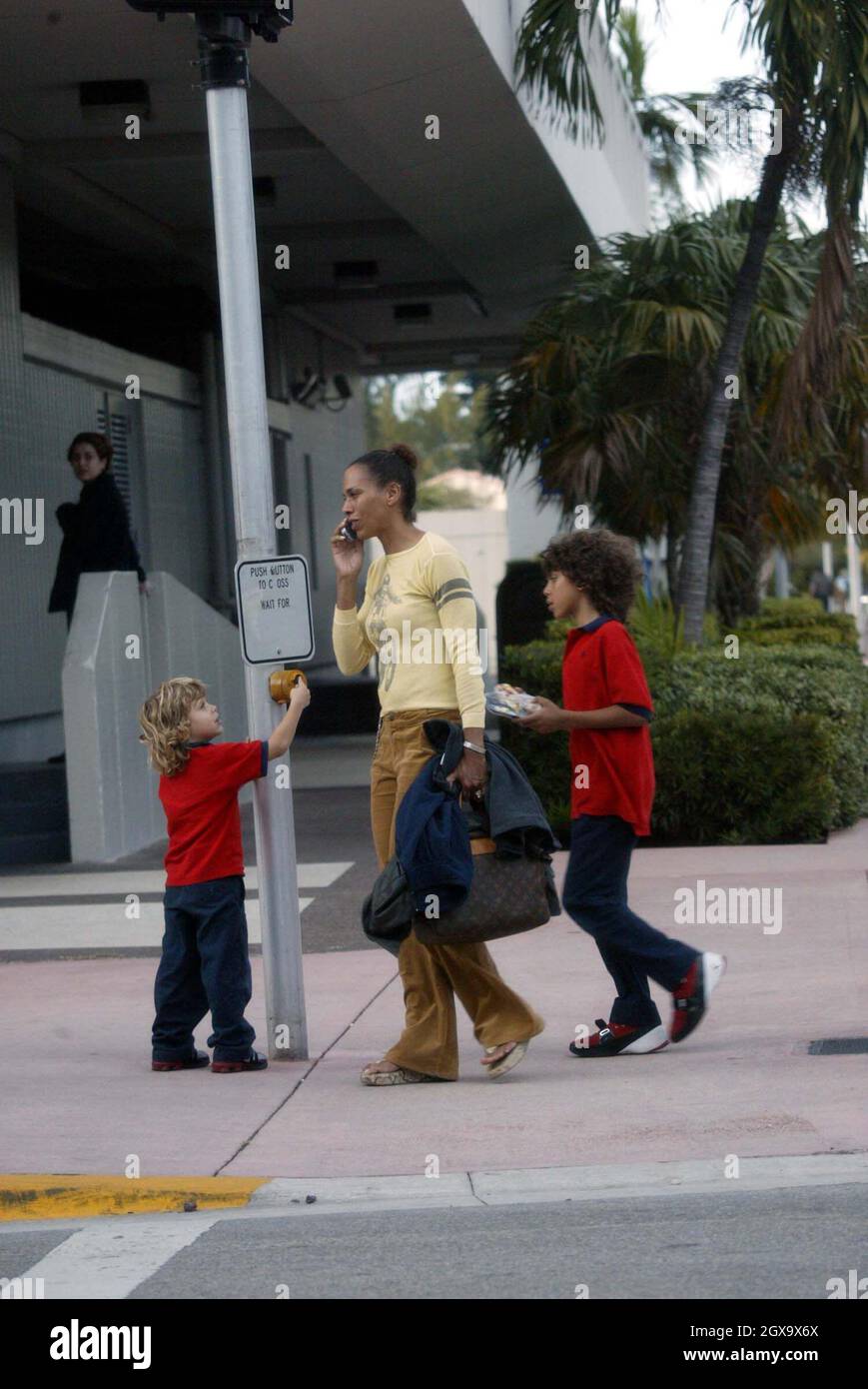 Barbara Feltus aka Barbara Becker, takes Noah and Elias Balthazar to the Movies in Miami Beach. Stock Photo