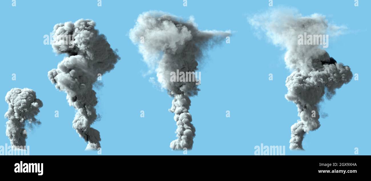 4 different renders of heavy bright smoke column as from volcano or