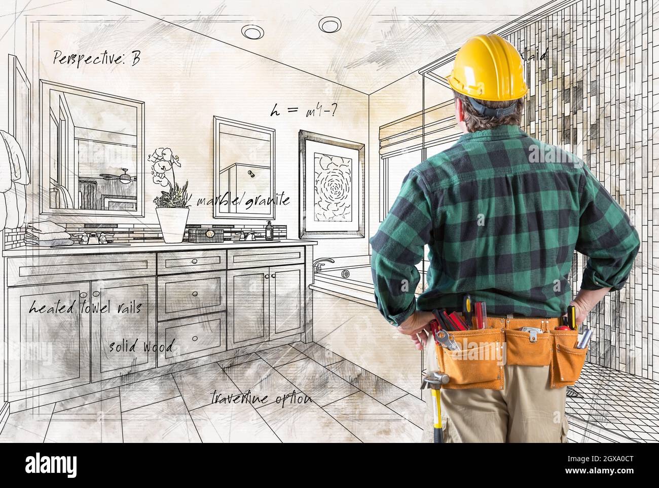 Contractor With Hard Hat and Tool Belt Facing Custom Master Bathroom