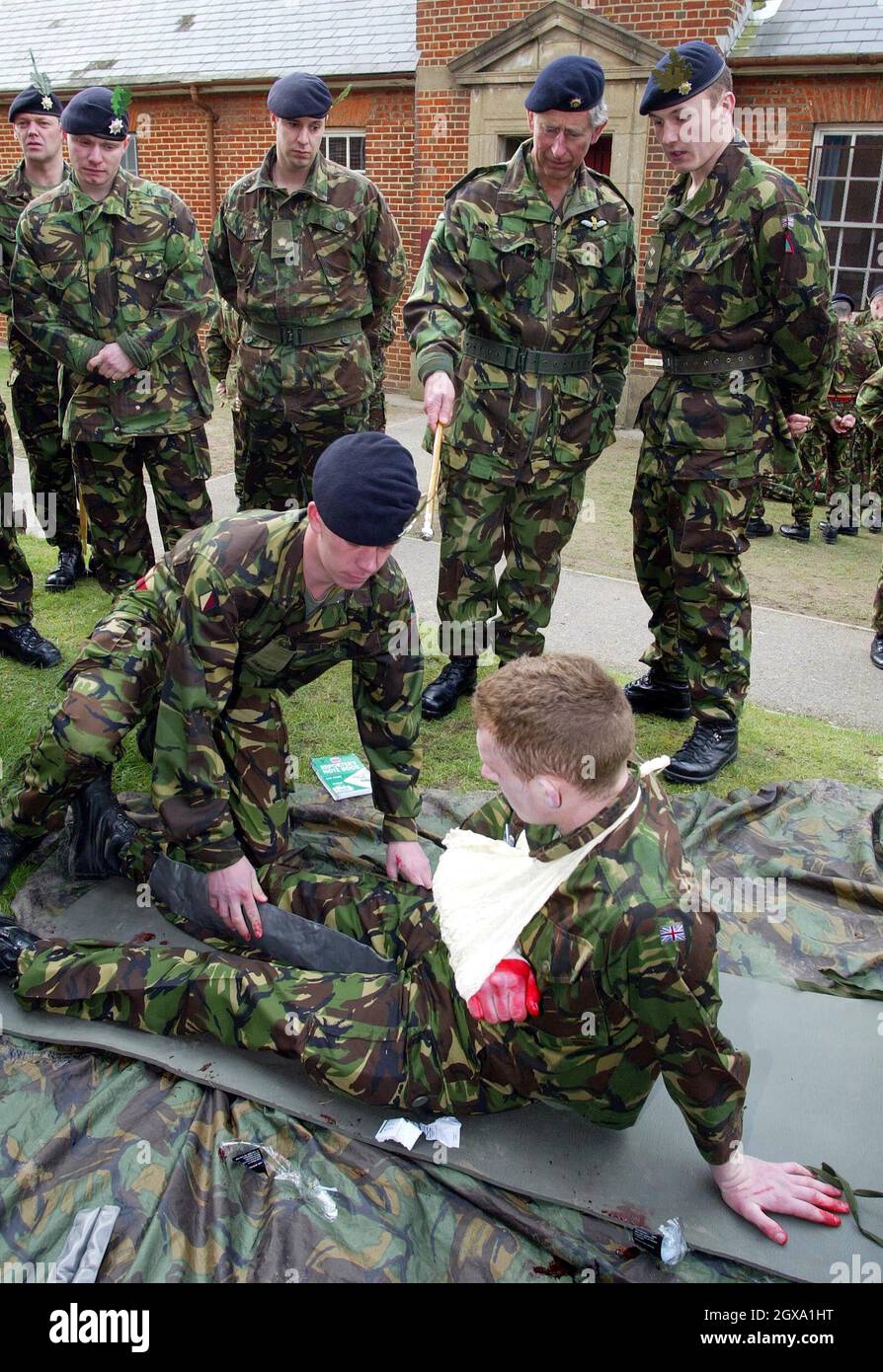 The Prince of Wales watches Privates Michael Tipper, 18, and Mitchell Taylor, 19, (right) from Stockport conduct a first aid class at Bulford Barracks near Amesbury, Wilts during his visit as Colonel-in-Chief to The 1st Battalion The Cheshire Regiment. The Regiment are about to deploy to Iraq for peace keeping duties. Â©Anwar Hussein/allactiondigital.com  Stock Photo