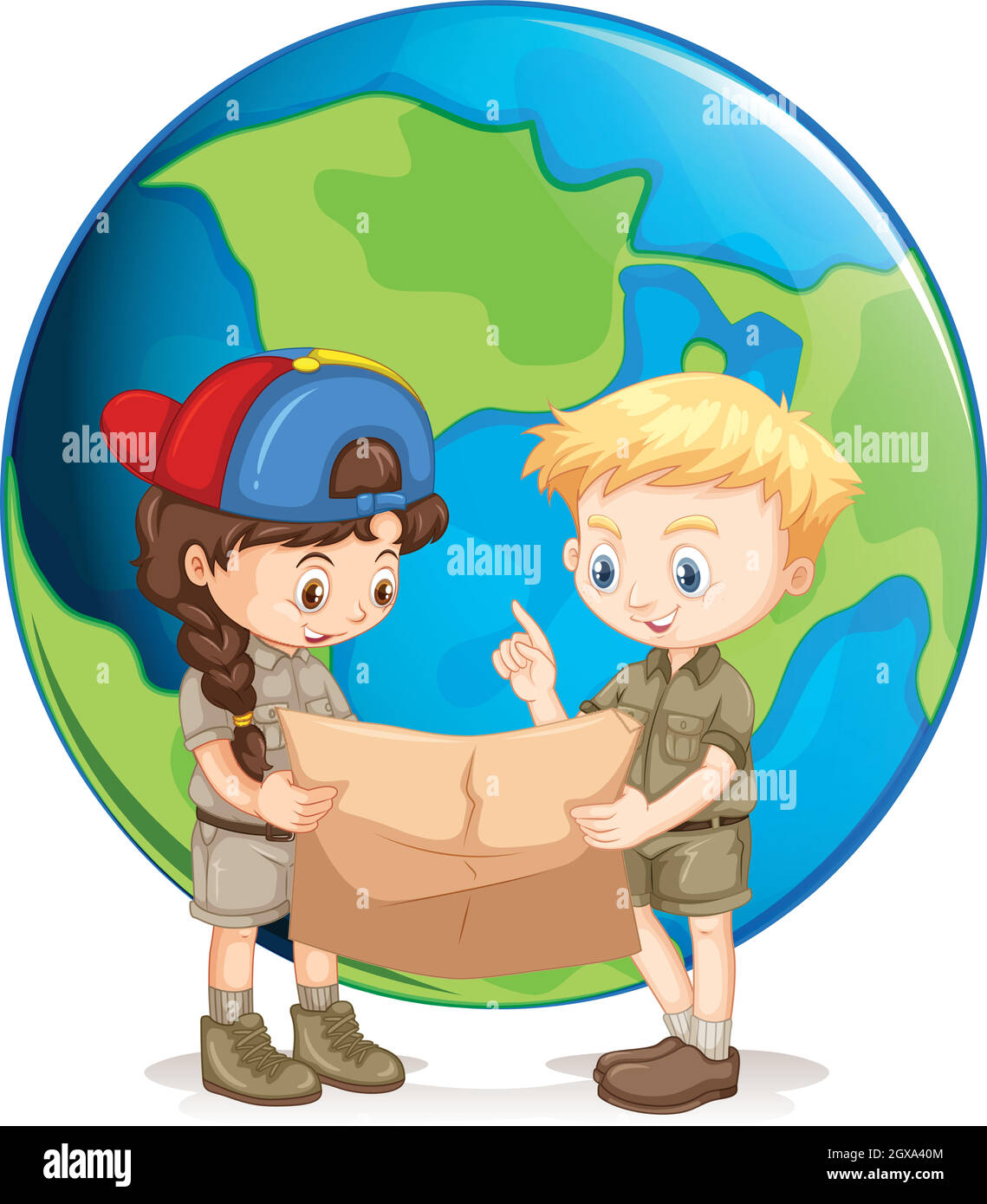 Boy and Girl Scouts Reading Map Stock Vector