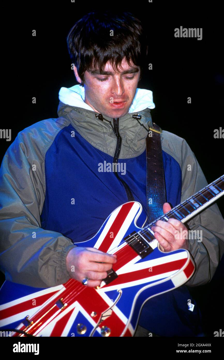 Noel Gallagher from Oasis performing live at Maine Road stadium in Manchester.  Stock Photo