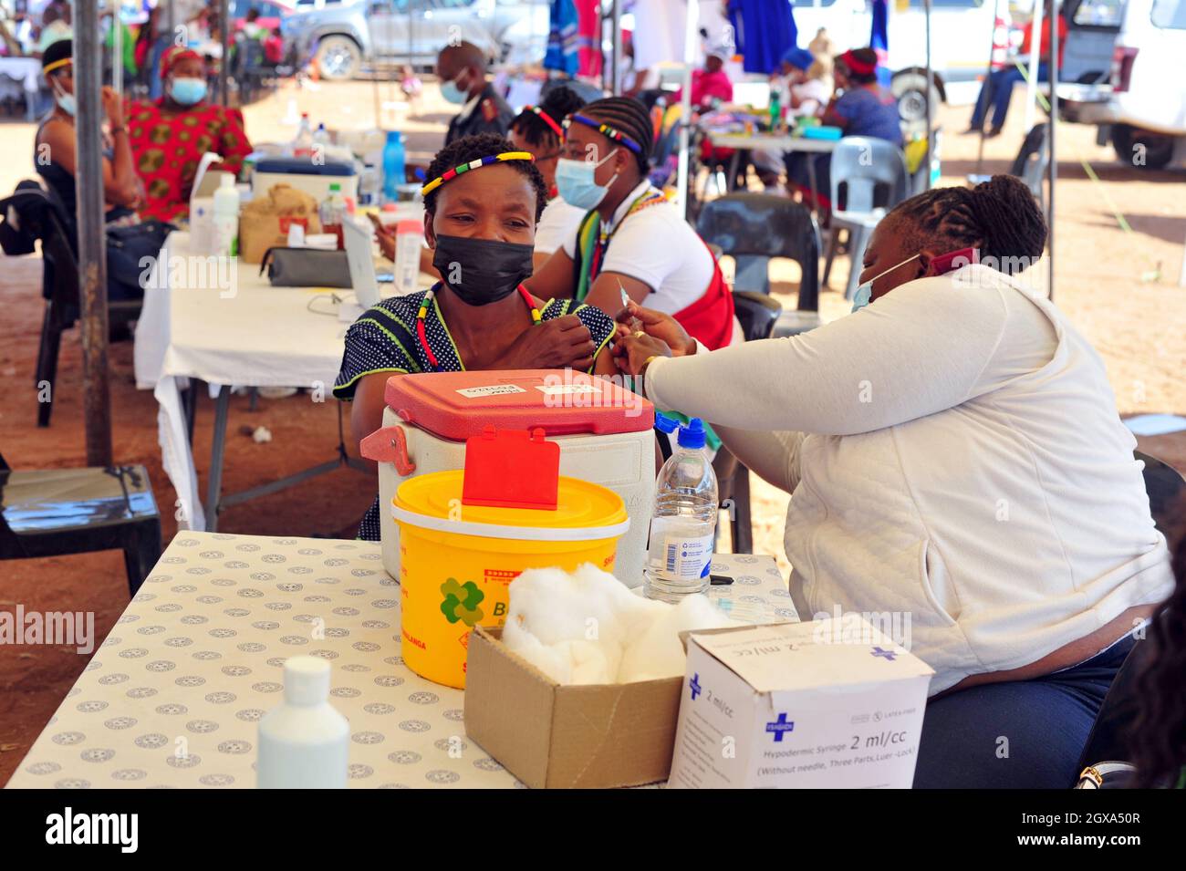 Medical staff vaccinate citizens for covid-19 at a makeshift vaccination site in Moletjie a rural village in Limpopo, South Africa Stock Photo