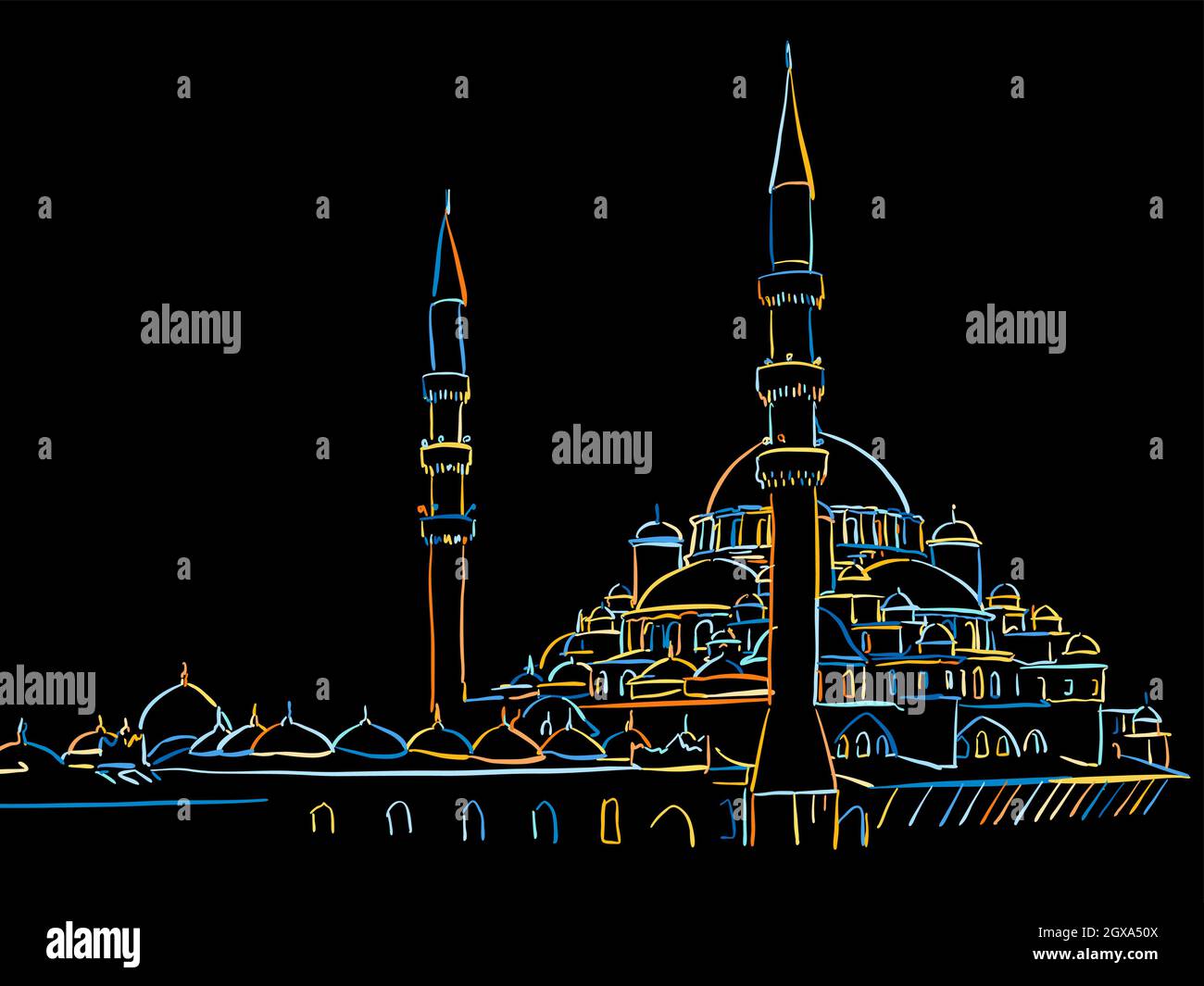 Colorful Istanbul Mosque Drawing on black. Well crafted vector sketch für private and commercial use. Stock Vector