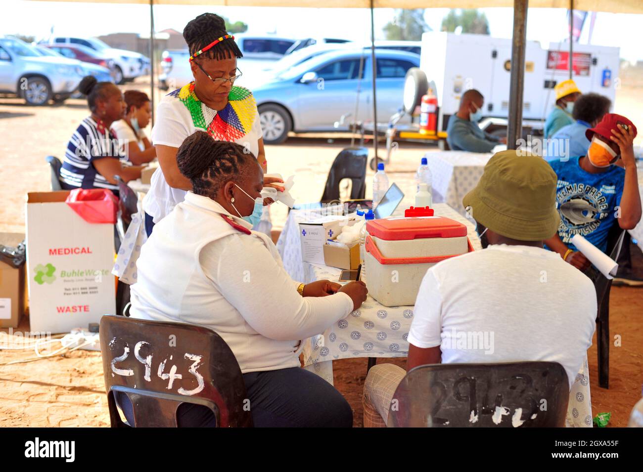 Medical staff vaccinate citizens for covid-19 at a makeshift vaccination site in Moletjie a rural village in Limpopo, South Africa Stock Photo