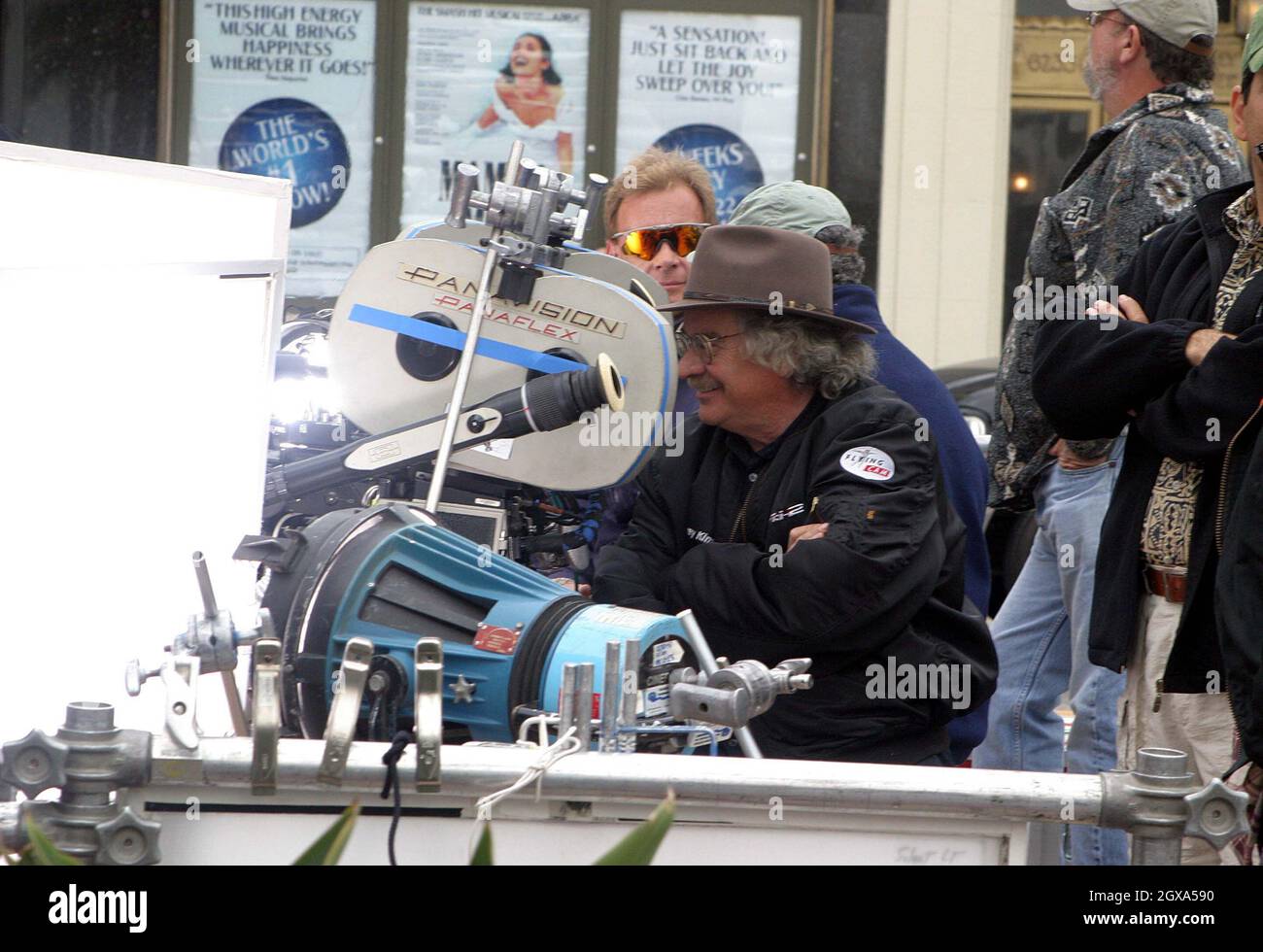 John Travolta and Uma Thurman shooting the sequel to Get Shorty called Be Cool in Hollywood Boulevard. Stock Photo