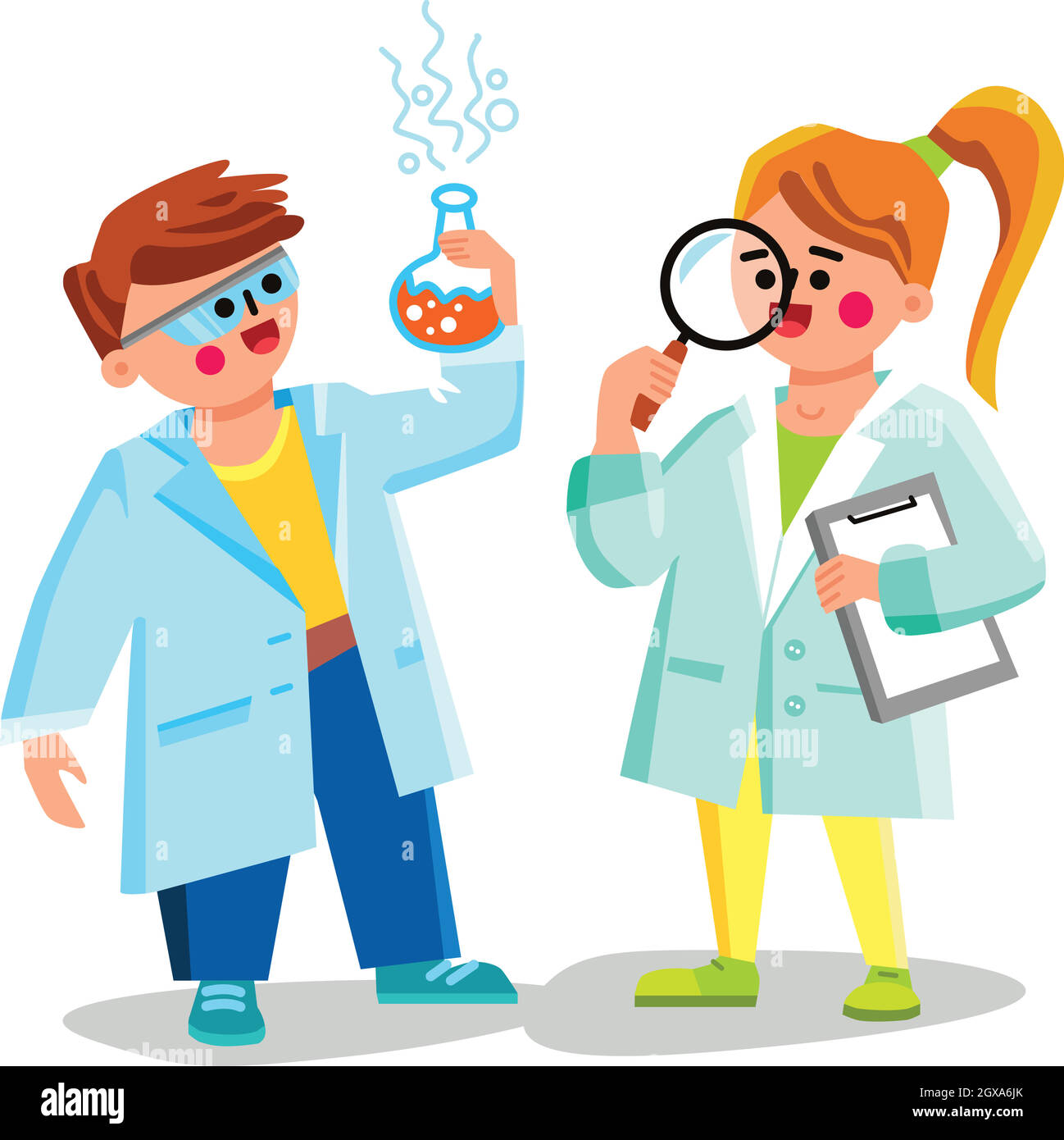 Kid Scientists Doing Chemical Experiment Vector Illustration Stock Vector