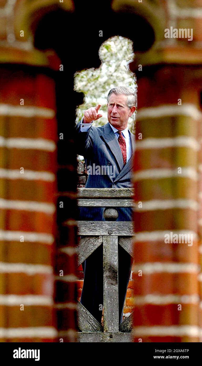 The Prince of Wales views a walled garden at Cressing Temple in Essex, during his visit to the 16th Century Cressing Estate. The site comprises of ancient barns and buildings and was restored in 1987 by the county council. Charles was there in 1991 and returns today to see new additions, including the development of a Tudor garden.   Stock Photo