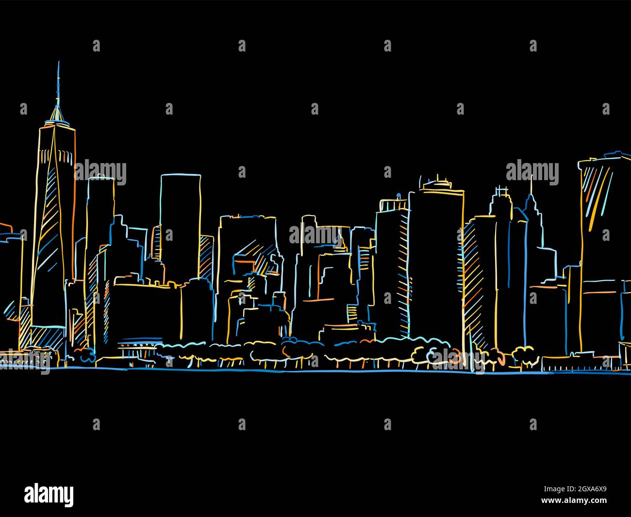 Colorful New York City Skyline Drawing on black. Well crafted vector ...