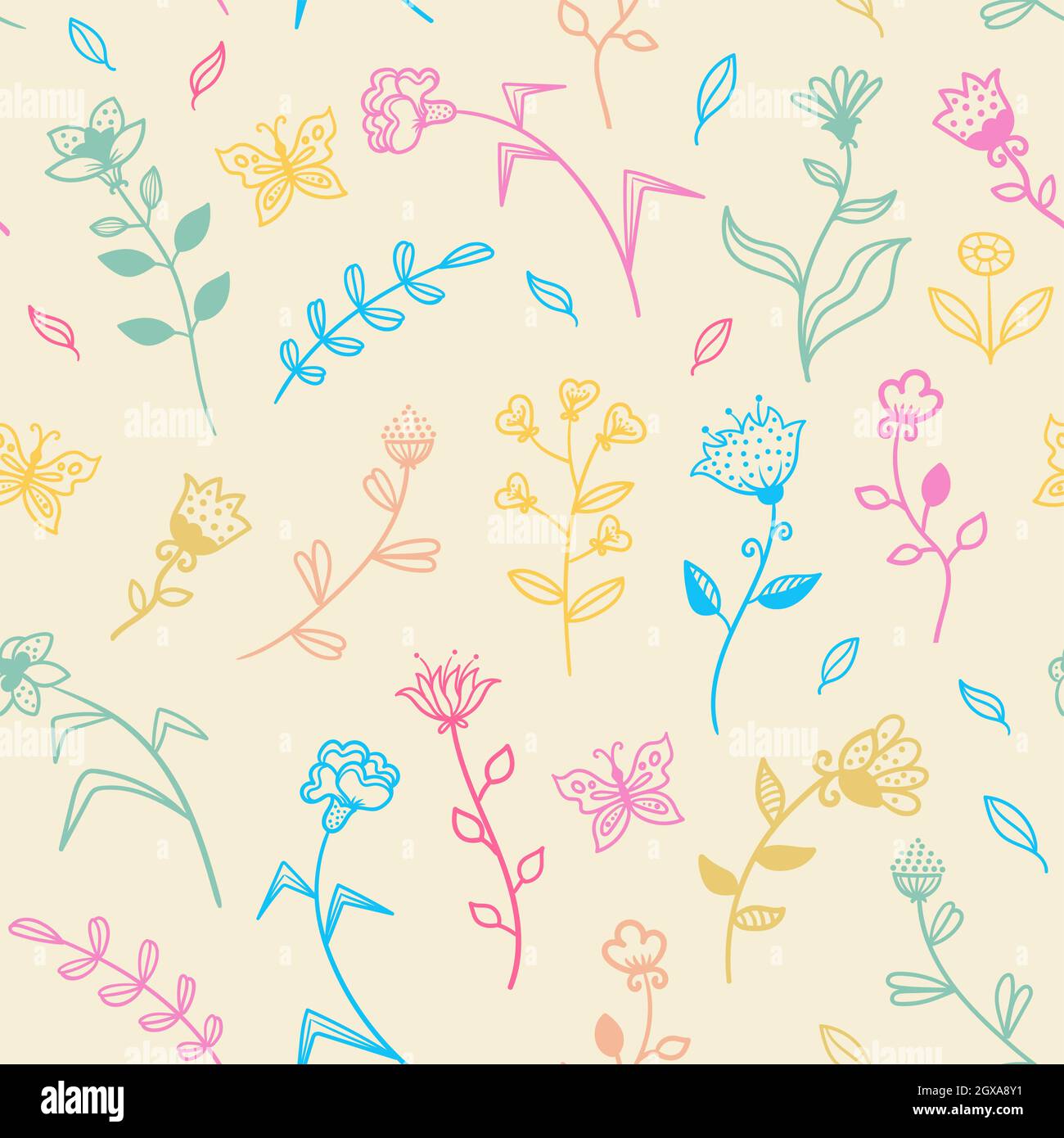 Seamless pattern with abstract modern flowers and butterflies. Stock ...