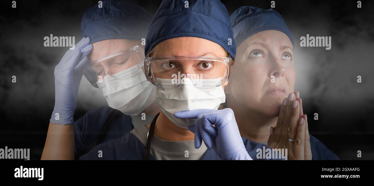 Female Doctor or Nurse Wearing PPE Crying, Praying and Facing Forward - Iluustrating The Varying Emotions Involved In Her Job. Stock Photo