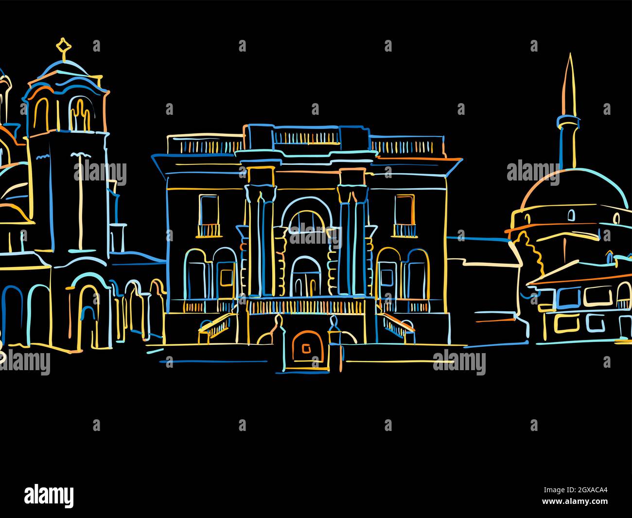 Colorful Belgrade Panorama Drawing on black. Well crafted vector sketch ...