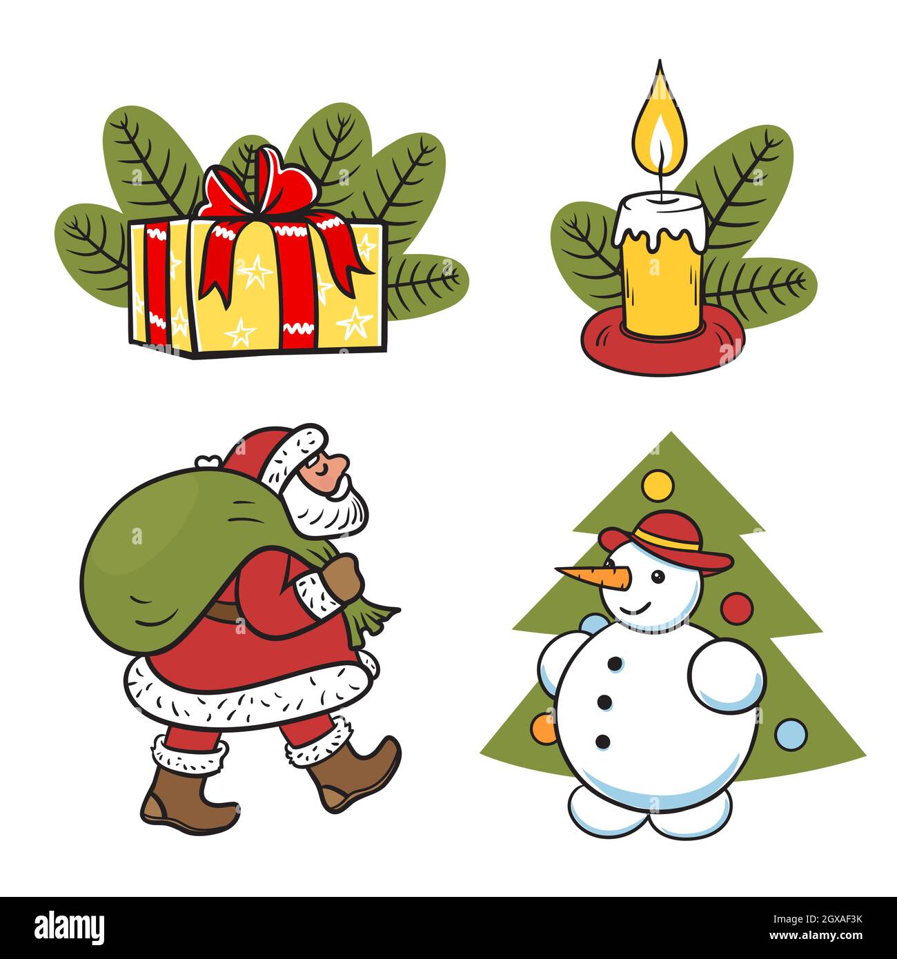 Santa Claus carries a bag with gifts isolated on white background. Color sticker.Hand drawing snowman with hat,carrot and christmas tree,xmas candle Stock Vector