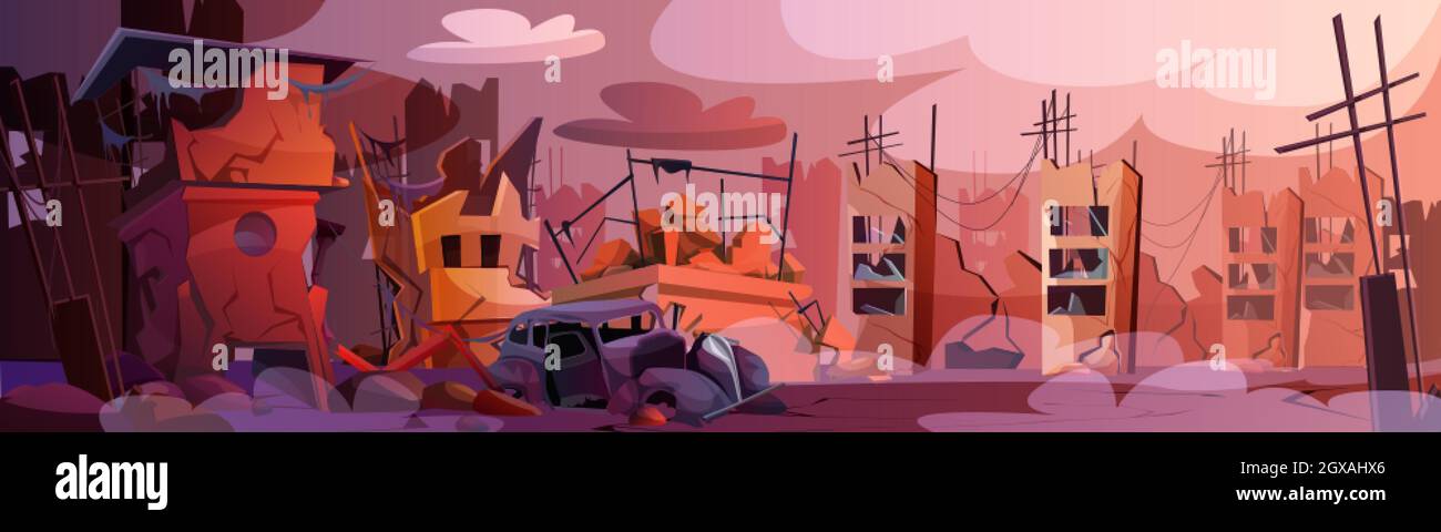 Destroyed city after natural disaster or earthquake. Abandoned buildings with smoke, ruins, broken road and street cartoon vector illustration. Destruction cityscape with cracks and damage to houses. Stock Vector