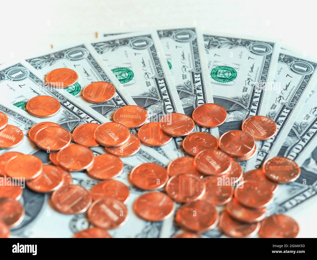 Dollar (USD) banknotes and coins, currency of United States (USA). Stock Photo