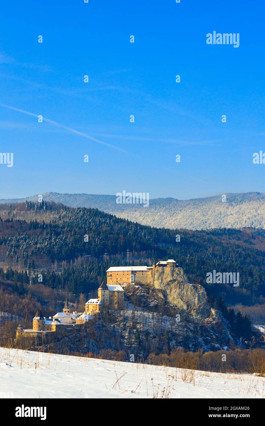 Orava castle, winter landscape, Orava region Slovakia. Stock Photo