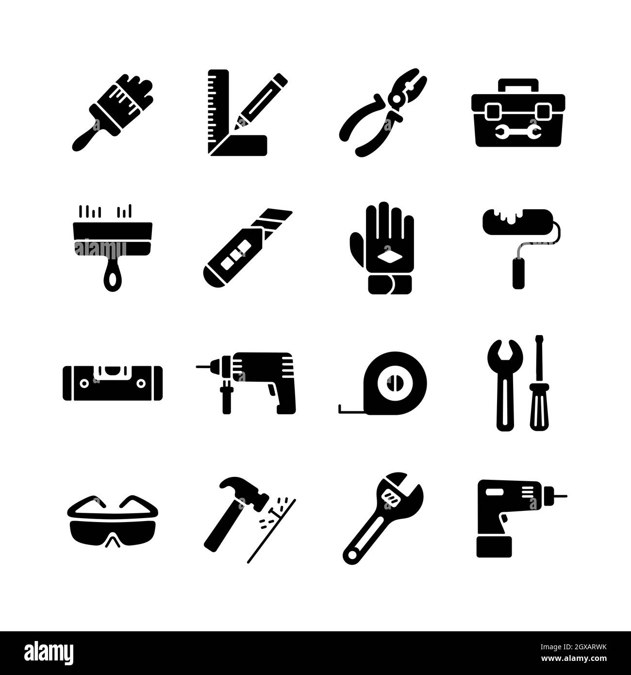 Building, construction and home repair tools glyph icons Stock Vector