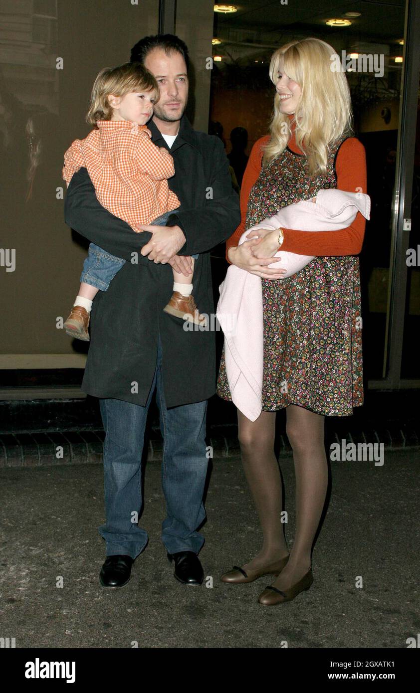 Matthew Vaughn and Claudia Schiffer pictured outside the Portland Hospital in London with her new born baby girl Clementine and son Casper. Stock Photo