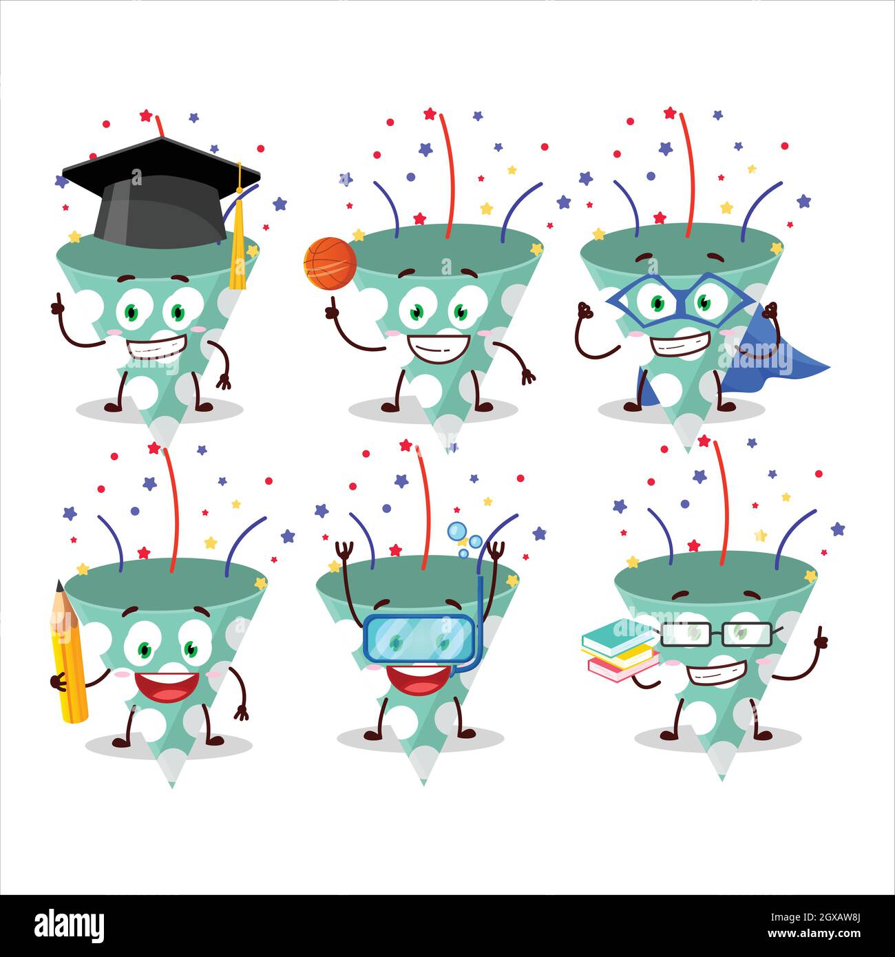 School student of green party popper with confetti cartoon character ...