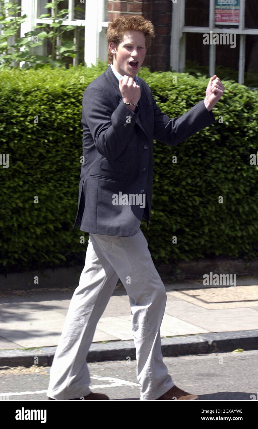 Archive picture of the jubilant Prince Harry leaving Manor House as he finishes his schooldays at Eton College on June 12, 2003. The 'playboy' prince has made the headlines once again, after attending a fancy dress party  with a nazi swastika on his arm. The lastest scandal follows a succession incidents which have seen the 20 year old prince caught smoking cannabis as a teenager to his more recent nightclub scuffle with a paparazzi photographer. Anwar Hussein/allactiondigital.com   Stock Photo