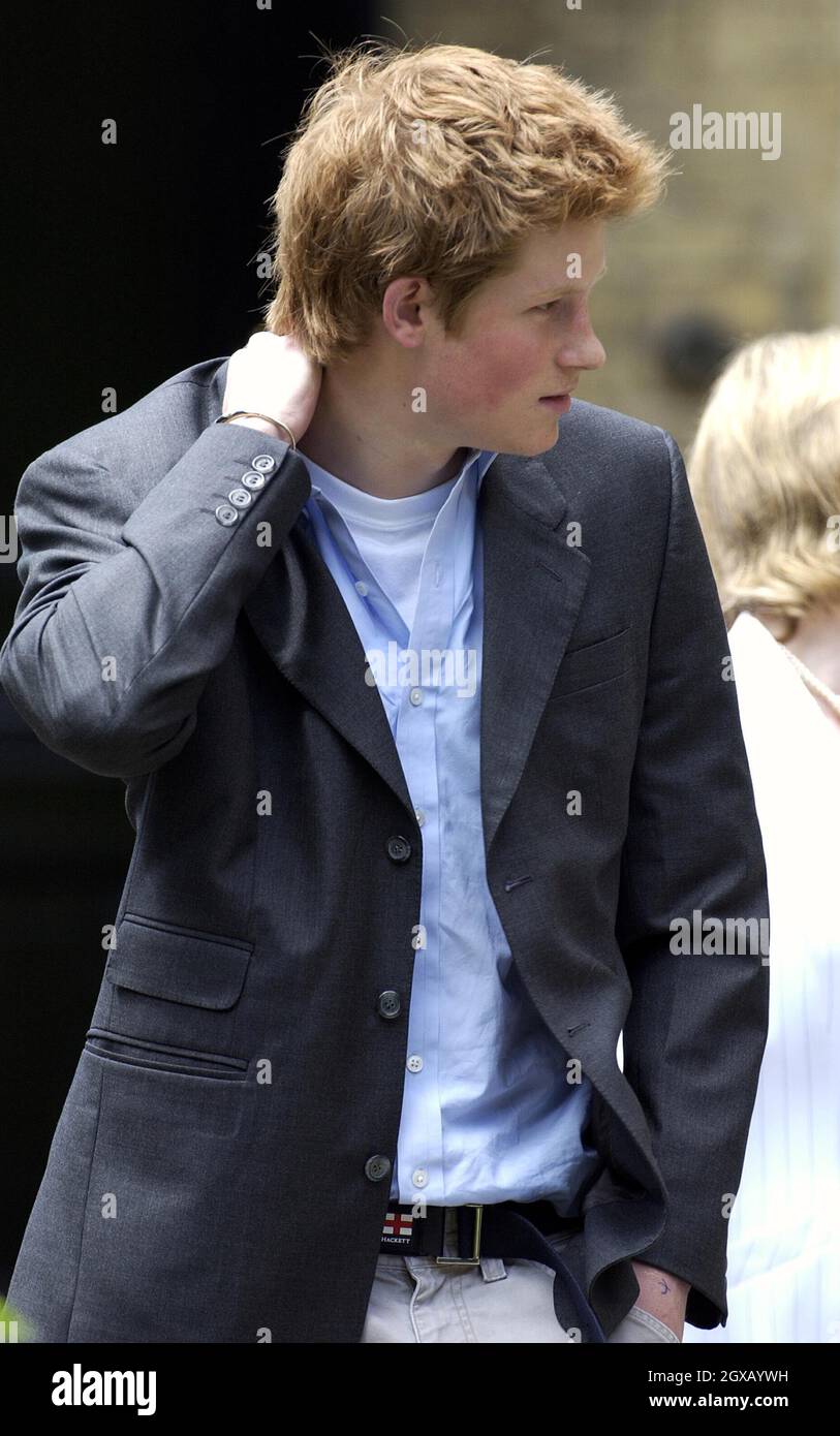 Archive picture of Prince Harry leaving Manor House as he finishes his schooldays at Eton College on June 12, 2003. The 'playboy' prince has made the headlines once again, after attending a fancy dress party  with a nazi swastika on his arm. The lastest scandal follows a succession incidents which have seen the 20 year old prince caught smoking cannabis as a teenager to his more recent nightclub scuffle with a paparazzi photographer. Anwar Hussein/allactiondigital.com   Stock Photo