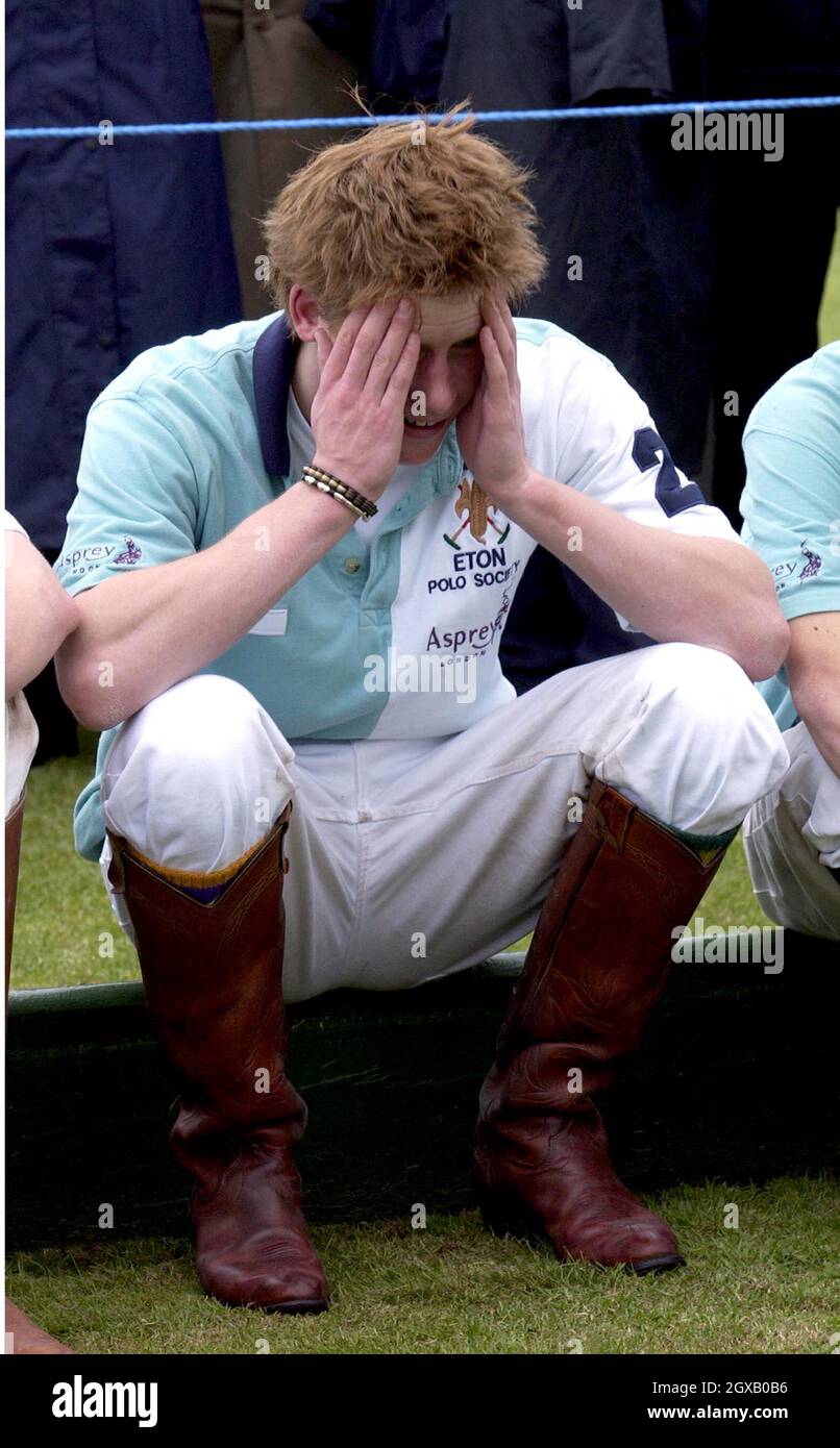 Archive picture of Prince Harry taken at a polo match in May 2003. The 'playboy' prince has made the headlines once again, after attending a fancy dress party  with a nazi swastika on his arm. The lastest scandal follows a succession incidents which have seen the 20 year old prince caught smoking cannabis as a teenager to his more recent nightclub scuffle with a paparazzi photographer. Anwar Hussein/allactiondigital.com   Stock Photo