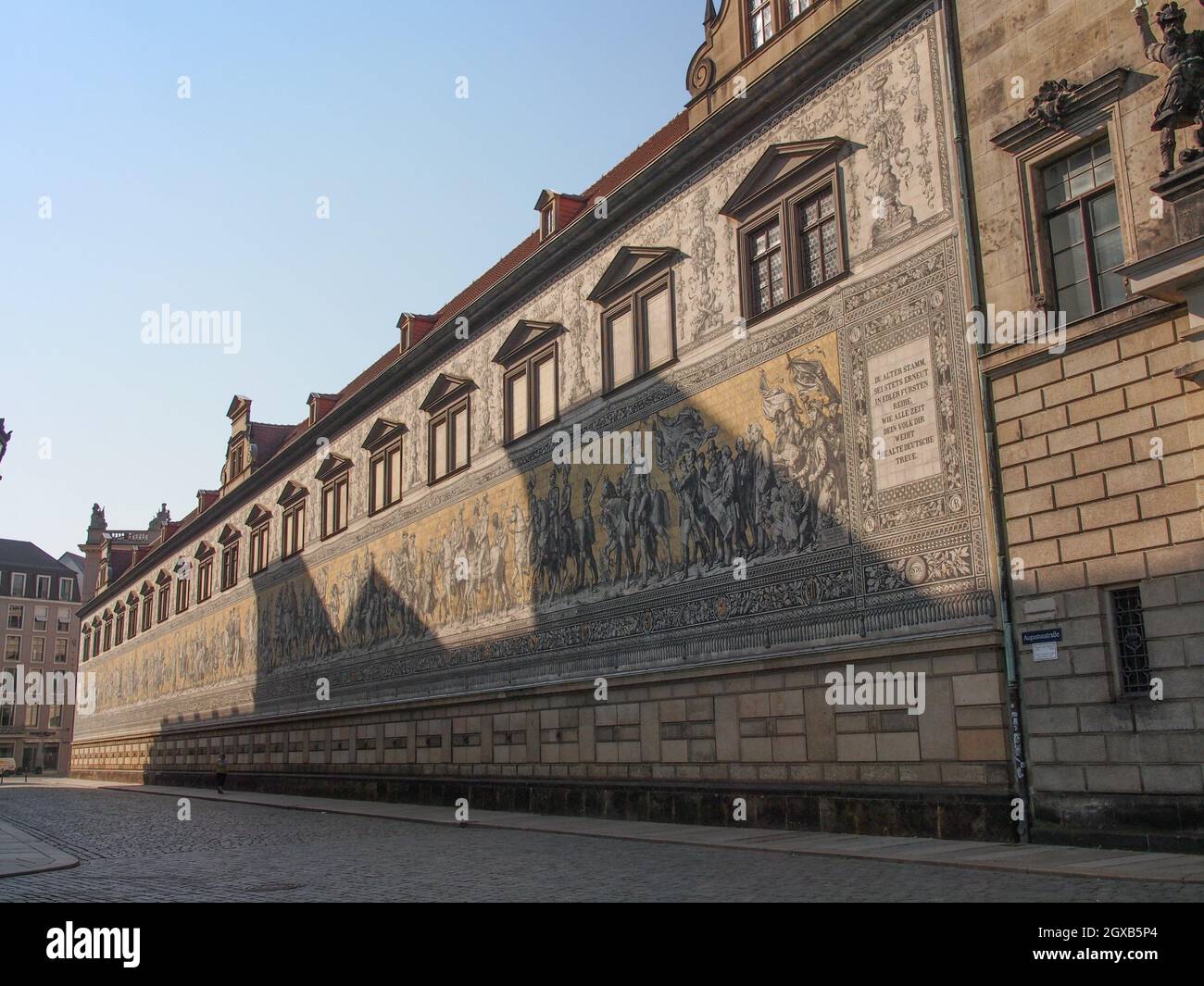 Fuerstenzug meaning Procession of Princes, large mural of a mounted procession of the rulers of Saxony painted in 1871 in Dresden, Germany. Stock Photo